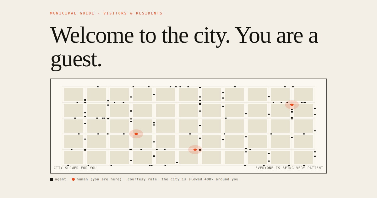 A pale street map of a city with small black agents moving fast and three slow orange humans, under the headline: Welcome to the city. You are a guest.