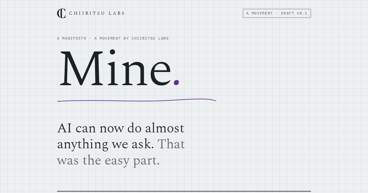 Serif wordmark Mine. on lab paper, a manifesto by Chiibitsu Labs