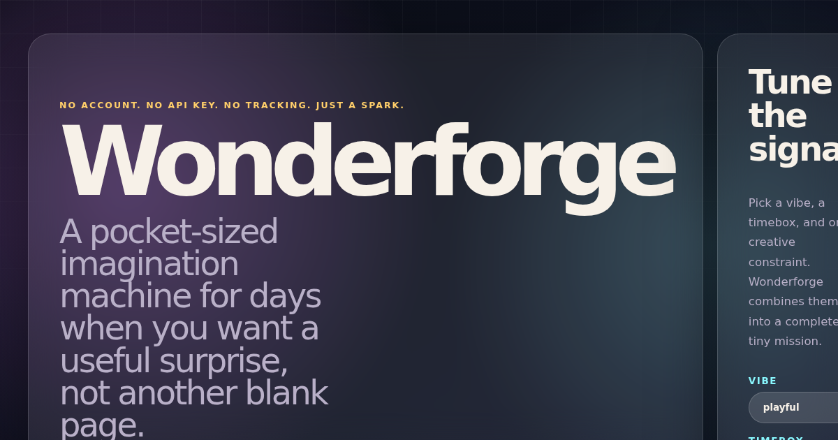 The wordmark Wonderforge in large cream letters on a dark violet glass panel